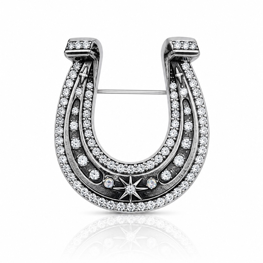 Western Silver Crystal Horseshoe Brooch